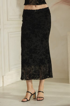 MB1290<br/>Flocked Floral Mesh Maxi Skirt
