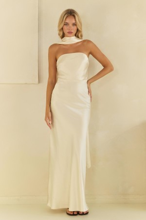 MD2995R<br/>Scarf Back Strapless Satin Maxi Dress