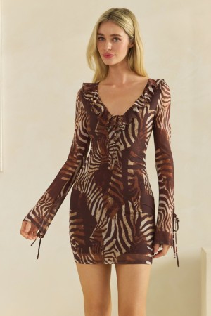 MD3634<br/>Printed Mesh Ruffle Mini Dress