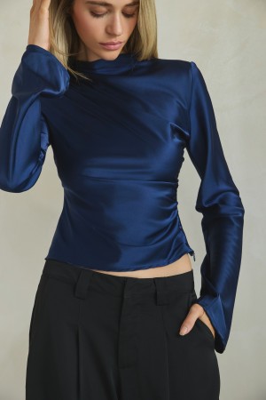 MT3542<br/>Ruched Satin Mock Neck Top